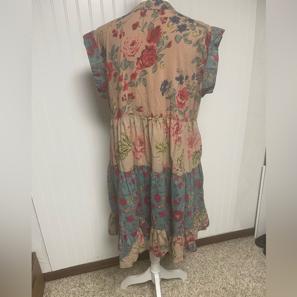 THML Anthropologie Boho Beige Floral V Neck Short Sleeve Dress Womens XL - Picture 3 of 10